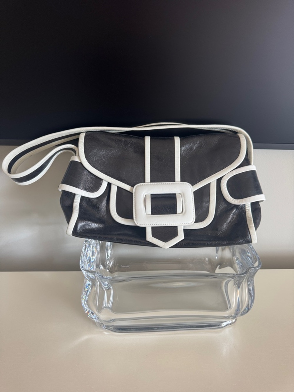 Trina Turk Black Shoulder Bag with White Trim and Buckle